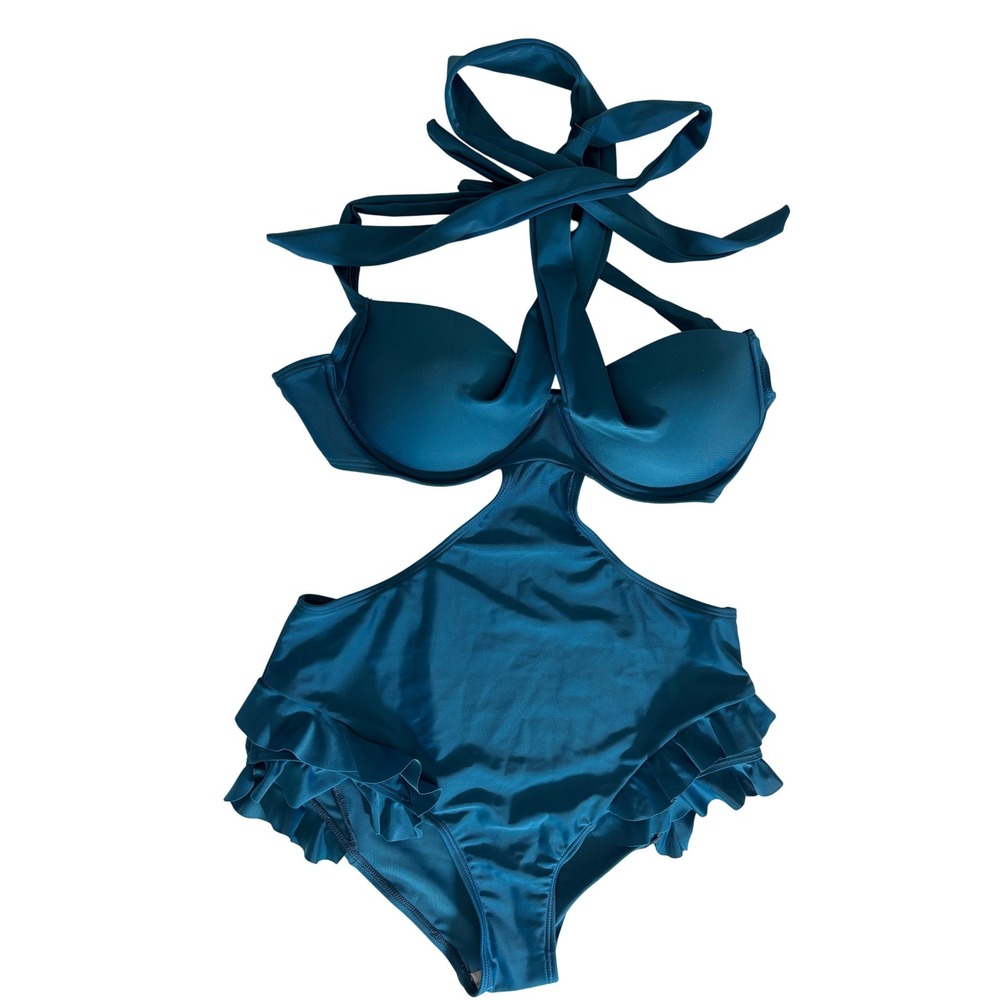 Teal Ruffle Monokini One Piece Swimsuit Medium Underwire Halter Cutout Swimwear